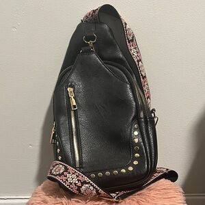 Black Studded Sling Bag with Floral Strap